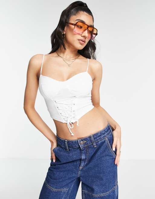 Stradivarius lace up corset top in white