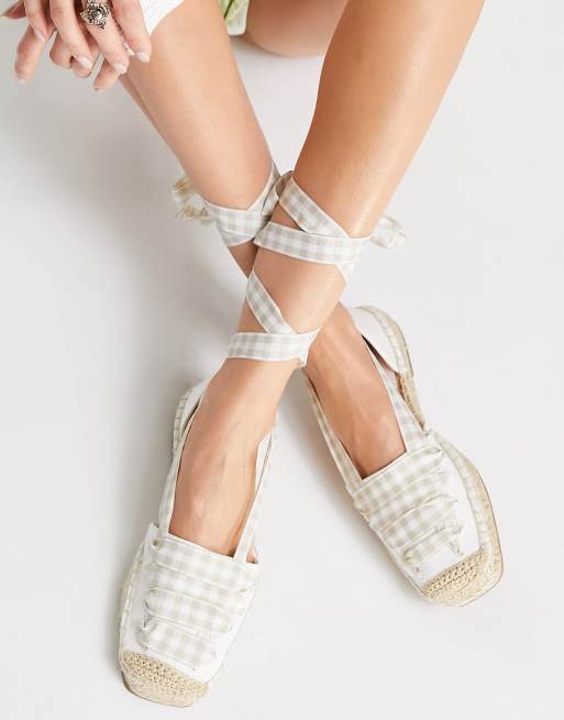 Stradivarius lace up espadrilles in beige gingham