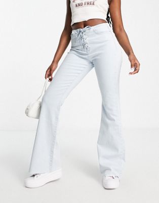 Stradivarius lace up flare jean in bleach wash