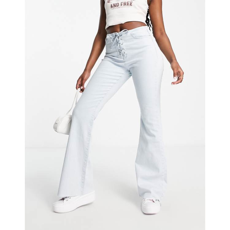 Stradivarius lace up flare jean in bleach wash