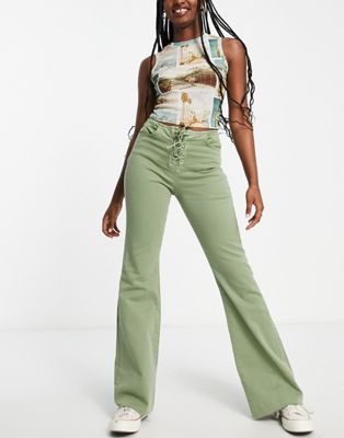 Stradivarius lace up flare jean in sage