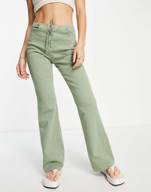 Stradivarius lace up flare jean in sage