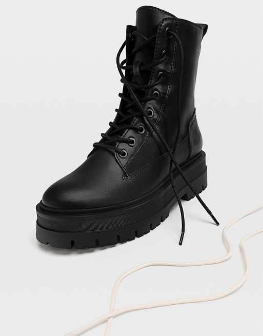 Black flat lace store up ankle boots