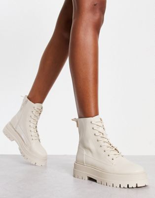 Stradivarius lace up flat ankle boot in ecru