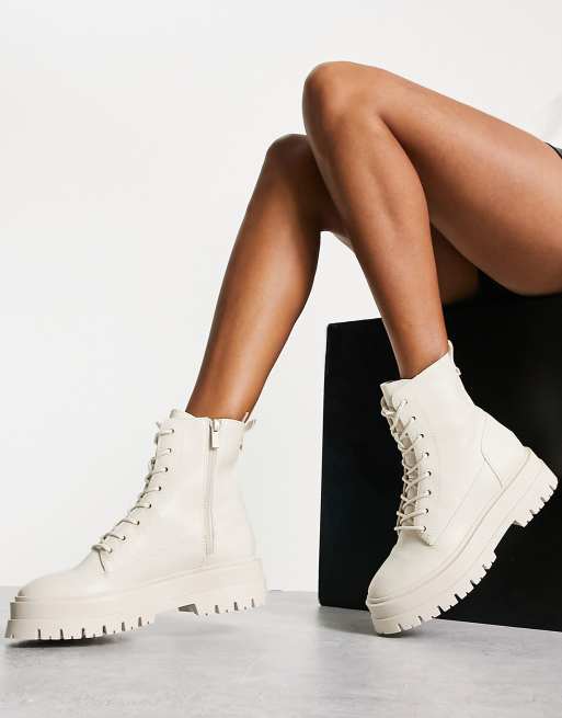 White flat 2025 lace up boots