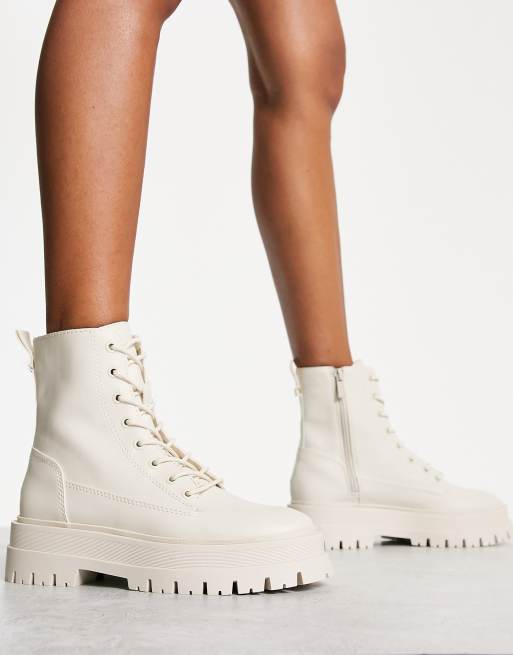 Stradivarius lace up flat ankle boots in ecru