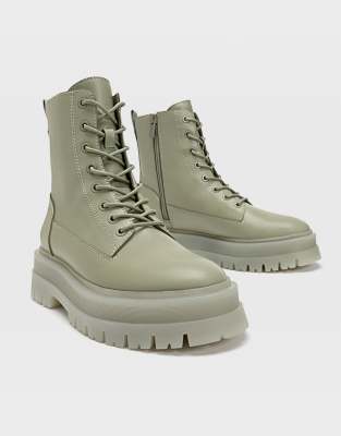Stradivarius lace up flat ankle boot in green ASOS Ankle boots flat Womens boots ankle Boots