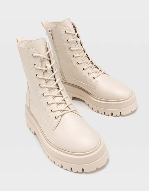 Stradivarius lace up flat ankle boots in off white
