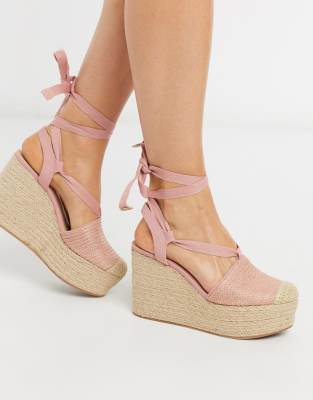 pink tie up wedges