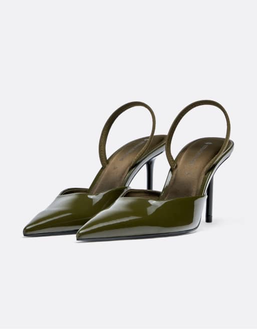Stradivarius lackad finish klackskor i khaki, 3 av 6