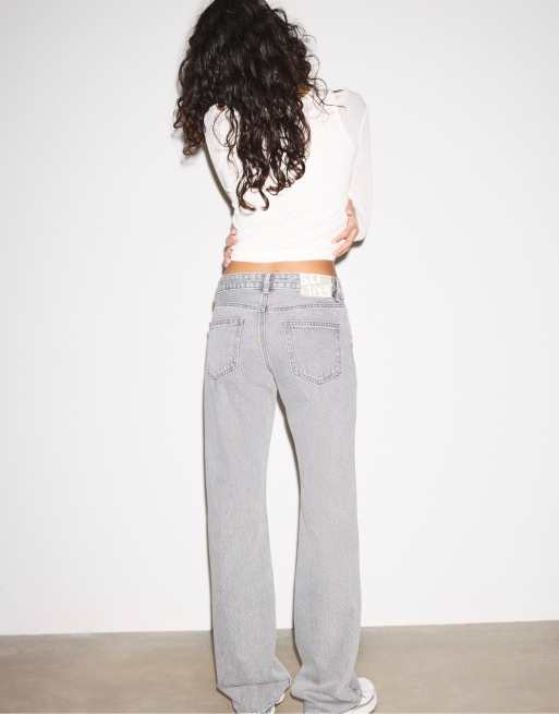 Stradivarius - Lage broek met rechte pijpen en lichtgrijze denim wassing, 2 van 4