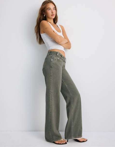 Stradivarius lågmidjade jeans med raka ben och hammarlinning i khaki - view 1