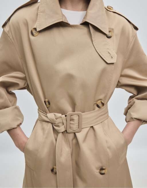 Stradivarius lang basic trenchcoat i beige, 2 af 7