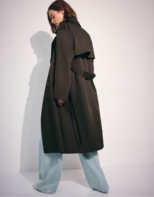 Stradivarius lång basic trenchcoat i brun, 3 av 7