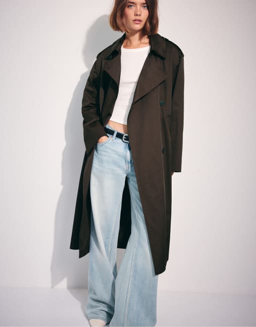 Stradivarius lång basic trenchcoat i brun, 5 av 7