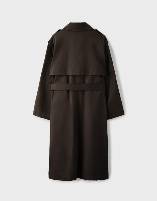 Stradivarius lång basic trenchcoat i brun, 7 av 7