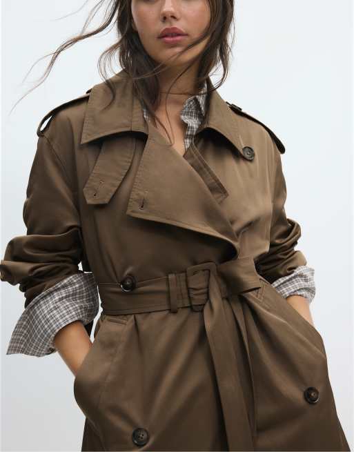 Stradivarius lång basic trenchcoat i karamell, 3 av 6