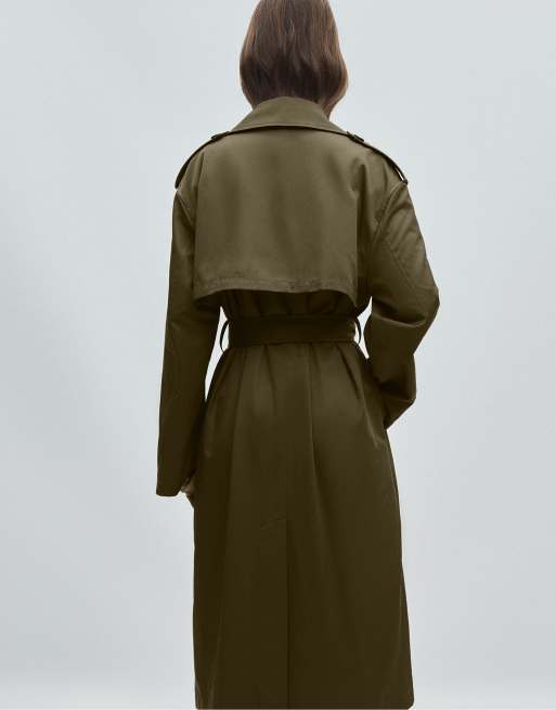 Stradivarius lang basic trenchcoat i khaki, 3 af 7