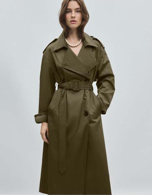 Stradivarius lang basic trenchcoat i khaki, 5 af 7