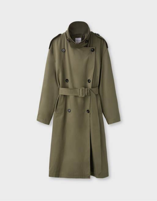 Stradivarius lang basic trenchcoat i khaki, 6 af 7