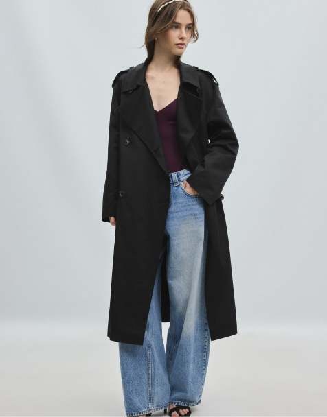 Stradivarius lång basic trenchcoat i svart - view 1