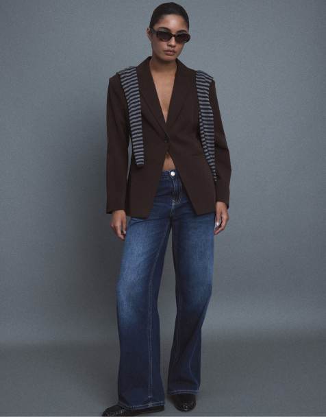 Stradivarius lang skræddersyet blazer i brun - view 1