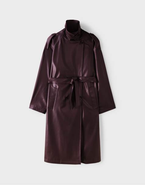 Stradivarius lang trenchcoat i læderlook i lilla - view 1