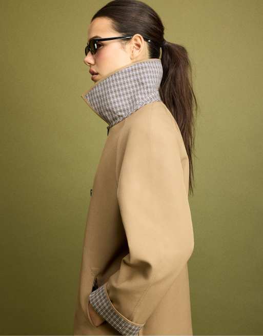 Stradivarius lang vendbar ternet trenchcoat i beige, 4 af 7
