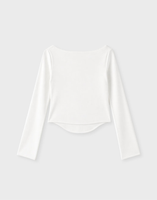Stradivarius Langarm-T-Shirt mit U-Boot-Ausschnitt in Ecru, 7 von 7