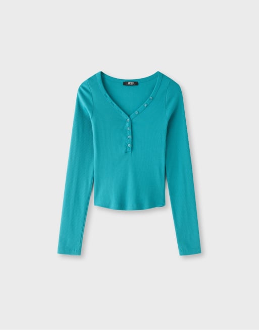Stradivarius långärmad henley-t-shirt i turkos, 6 av 7
