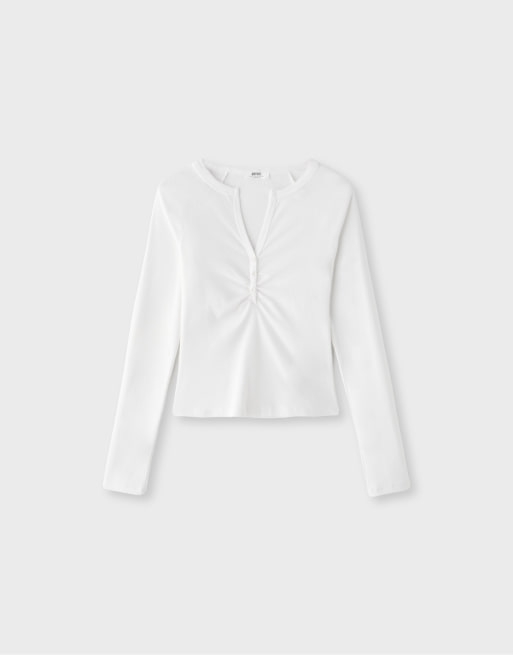 Stradivarius långärmad henley-topp i naturvit, 6 av 7