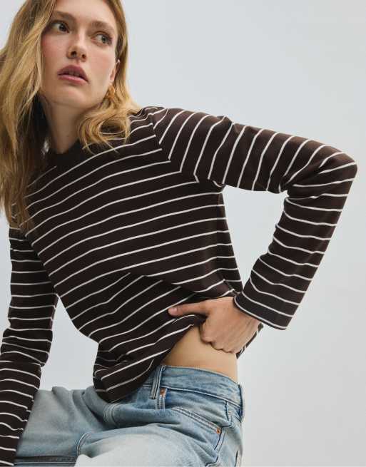 Stradivarius långärmad randig t-shirt i brun, 2 av 7