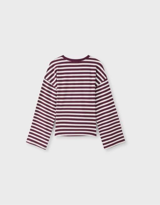 Stradivarius långärmad randig t-shirt med rynkad midja i mörklila, 7 av 7