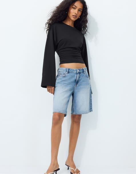 Stradivarius långärmad t-shirt med figursydd midja i svart - view 1