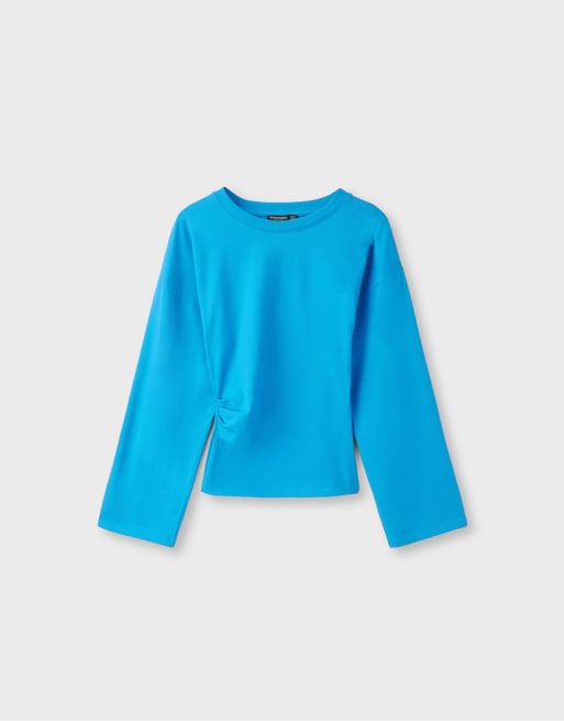 Stradivarius långärmad t-shirt med figursydd midja i turkos, 6 av 7