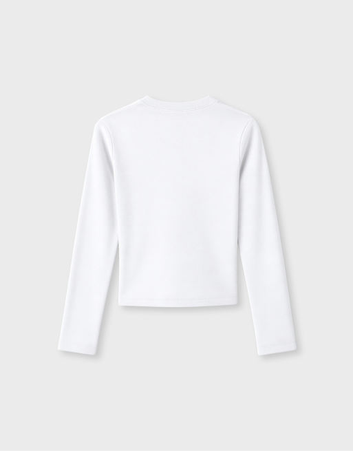 Stradivarius långärmad t-shirt med rund halsringning i naturvit, 7 av 7