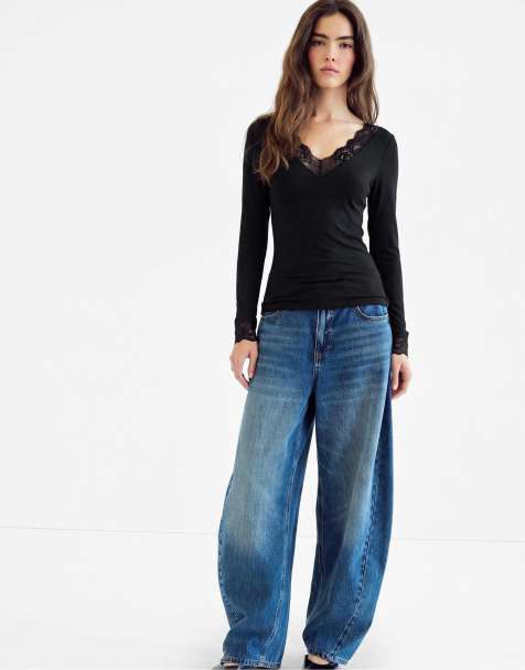 Stradivarius långärmad t-shirt med v-ringning i svart - view 1