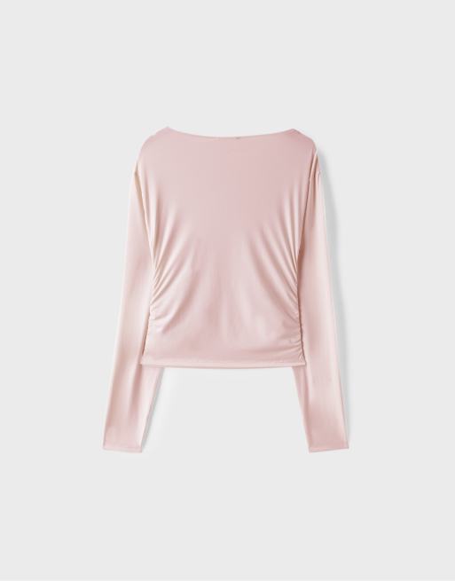Stradivarius långärmad topp med rynkade detaljer i pastellrosa, 7 av 7