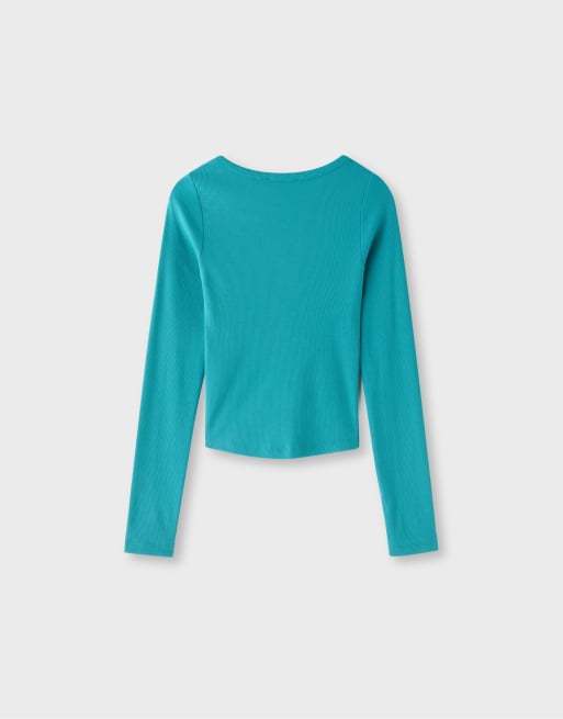 Stradivarius langärmliges Henley-T-Shirt in Türkis, 7 von 7