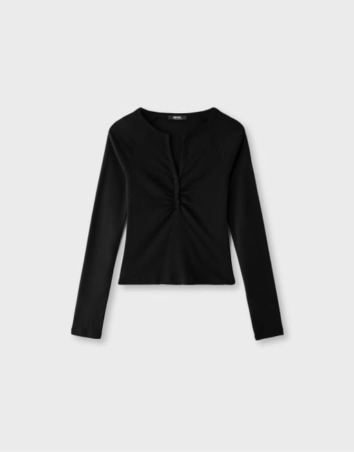 Stradivarius Langärmliges Henley-Top in Schwarz, 6 von 7