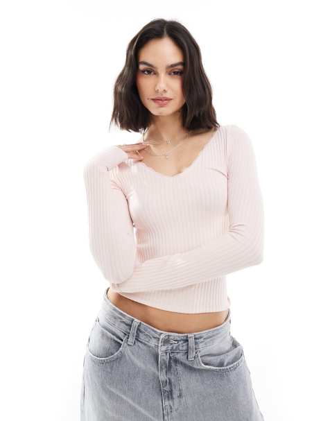 Stradivarius – Langärmliges Jersey-Oberteil in Rosa mit V-Ausschnitt - view 1