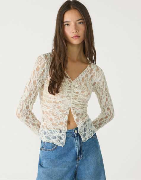 Stradivarius – Langärmliges T-Shirt aus Spitze in Vanille - view 1