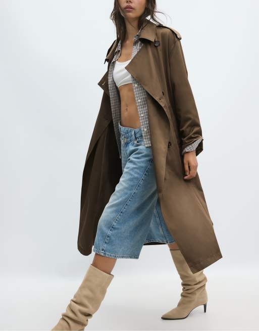 Stradivarius lange basic trenchcoat in caramel, 4 van 6