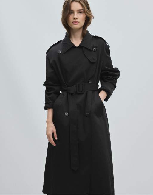 Stradivarius lange basic trenchcoat in zwart, 5 van 7