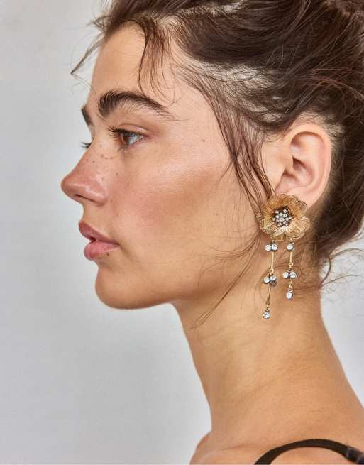 Stradivarius lange Blumen-Ohrringe mit Strass in Gold, 3 von 4