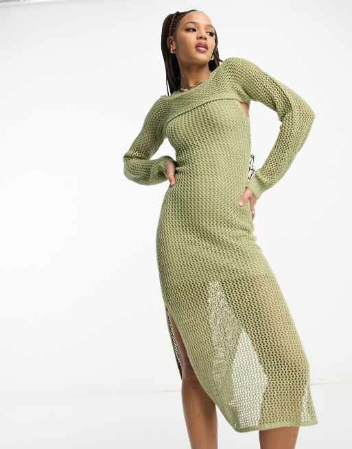 Stradivarius Lange gehaakte 2 in 1 jurk in khaki ASOS