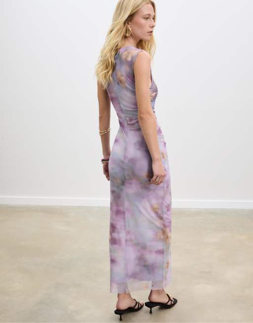 Stradivarius - Lange jurk van tule met print in lila, 2 van 4
