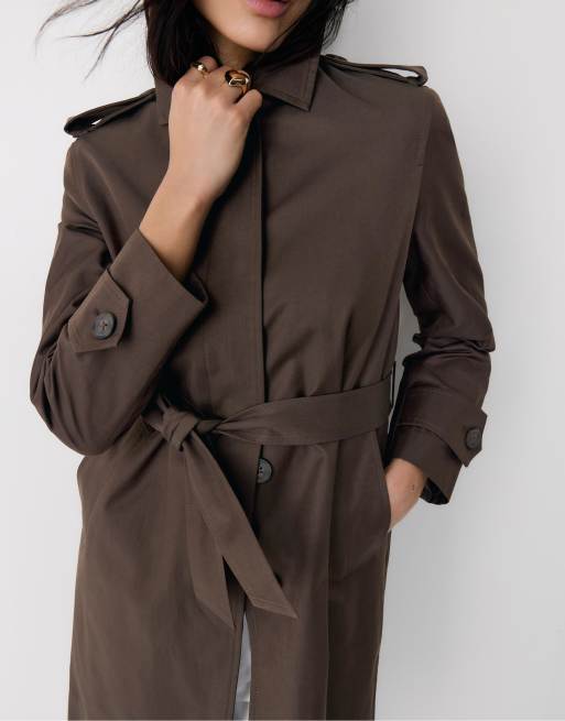 Stradivarius - Lange trenchcoat met enkele rij knopen in bruin, 2 van 4