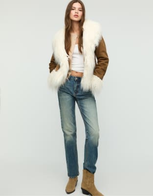 Stradivarius - Lange Wendejacke in Braun mit Kunstpelz-Brown