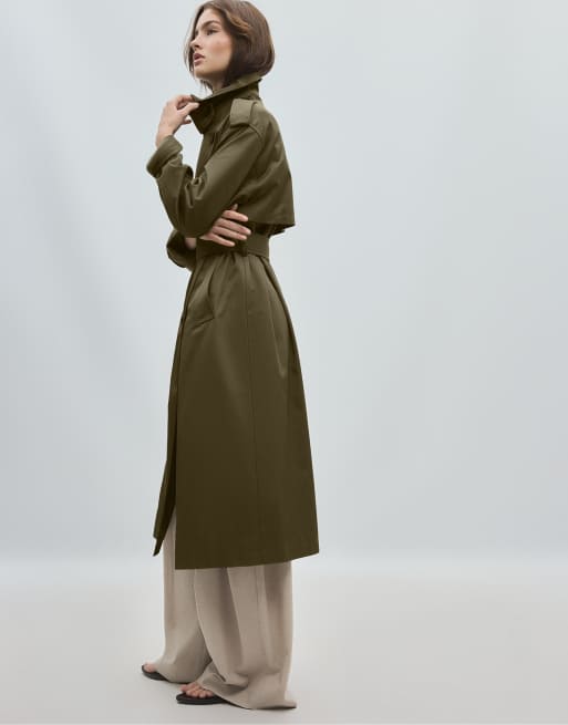 Stradivarius langer Basic-Trenchcoat in Khaki, 2 von 7